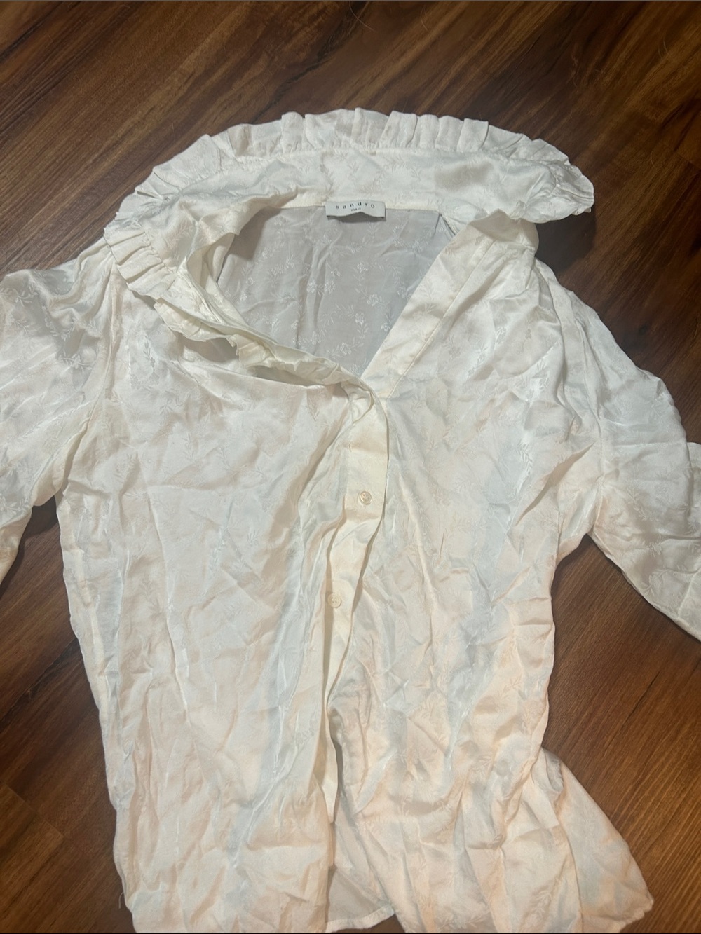 Sandro White Floral Jacquard Shirt with Ruffled Neckline - Picture 4 of 4